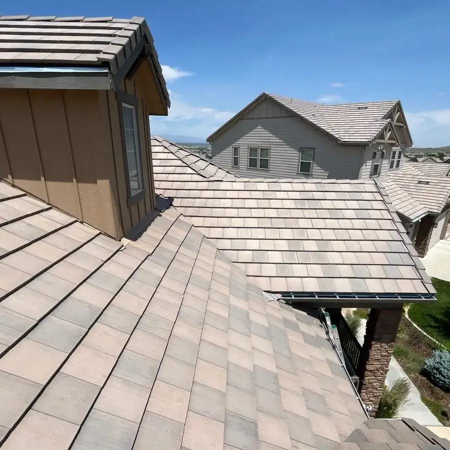 Residential concrete tile roofing overview for roofing referral program by Mile High Roofing Contractor Westminster CO Residential neighborhood roofline with concrete tile roofing, showing full roof replacement potential for roofing referral program by Mile High Roofing Contractor Westminster CO